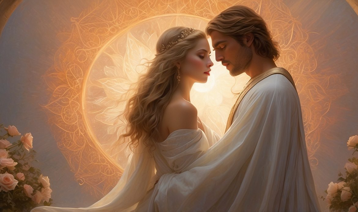 A radiant divine couple stands in a sacred embrace beneath a glowing sun mandala. The feminine, adorned with a golden crown and flowing curls, gazes softly with closed eyes. The masculine leans in, draped in white with a golden sash. Soft rose petals bloom around them in a temple-like setting, evoking divine union and sacred love.